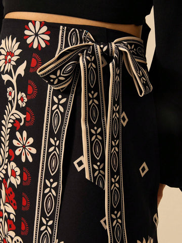 CAJUNI Women Tropical Flower Selenipedium And Azalea Printed Boho Vacation Casual Summer Wrap Lace Up Micro Skirt