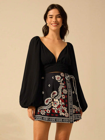 CAJUNI Women Tropical Flower Selenipedium And Azalea Printed Boho Vacation Casual Summer Wrap Lace Up Micro Skirt