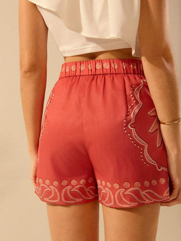 CAJUNI Women Vacation Boho Casual Tropical Print, Low-Waistline Pantskirt Red Summer Mini Shorts