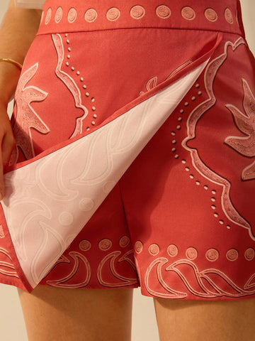 CAJUNI Women Vacation Boho Casual Tropical Print, Low-Waistline Pantskirt Red Summer Mini Shorts