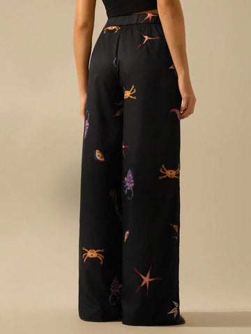 CAJUNI Women Vacation Elastic Waist Loose Fashion Boho Tropical Print, Parrot, Crab, Starfish Palazzo Pants, Casual Beach Summer Trousers