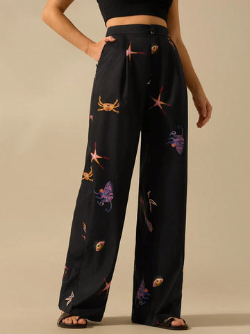 CAJUNI Women Vacation Elastic Waist Loose Fashion Boho Tropical Print, Parrot, Crab, Starfish Palazzo Pants, Casual Beach Summer Trousers