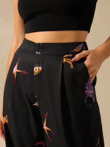 CAJUNI Women Vacation Elastic Waist Loose Fashion Boho Tropical Print, Parrot, Crab, Starfish Palazzo Pants, Casual Beach Summer Trousers