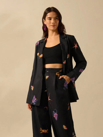 CAJUNI Women Vacation Elastic Waist Loose Fashion Boho Tropical Print, Parrot, Crab, Starfish Palazzo Pants, Casual Beach Summer Trousers