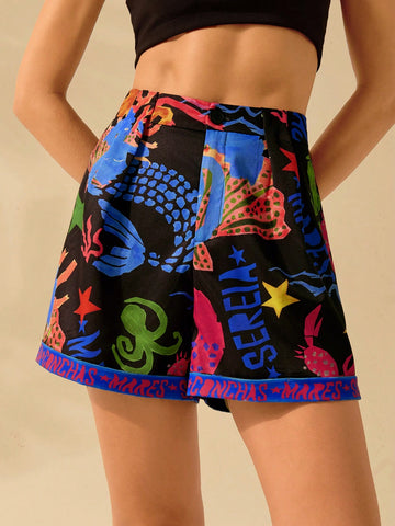 CAJUNI Women's A-Line Casual Black Boho Crab, Seaweed, Octopus, Coral Ocean Print Beach Vacation Wide Leg Super Short Shorts
