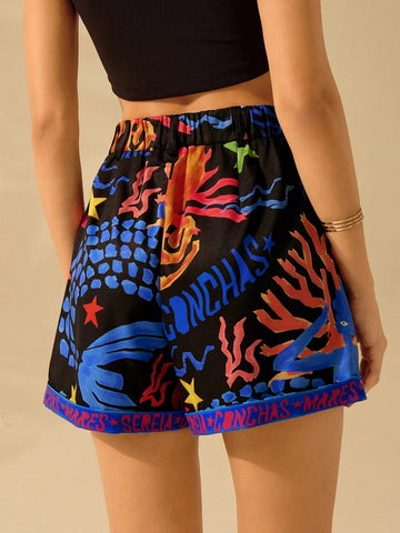 CAJUNI Women's A-Line Casual Black Boho Crab, Seaweed, Octopus, Coral Ocean Print Beach Vacation Wide Leg Super Short Shorts