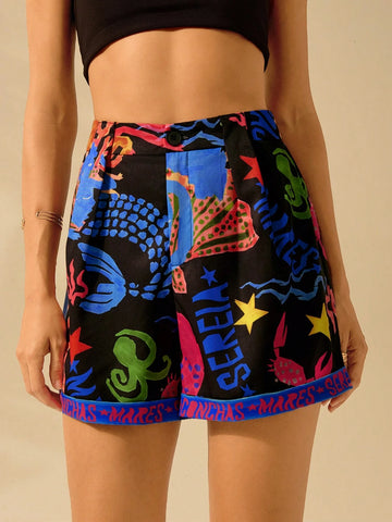 CAJUNI Women's A-Line Casual Black Boho Crab, Seaweed, Octopus, Coral Ocean Print Beach Vacation Wide Leg Super Short Shorts