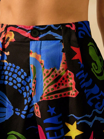 CAJUNI Women's A-Line Casual Black Boho Crab, Seaweed, Octopus, Coral Ocean Print Beach Vacation Wide Leg Super Short Shorts