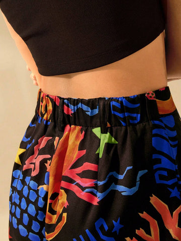 CAJUNI Women's A-Line Casual Black Boho Crab, Seaweed, Octopus, Coral Ocean Print Beach Vacation Wide Leg Super Short Shorts