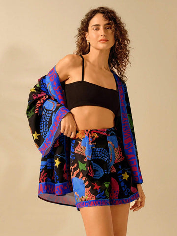 CAJUNI Women's A-Line Casual Black Boho Crab, Seaweed, Octopus, Coral Ocean Print Beach Vacation Wide Leg Super Short Shorts