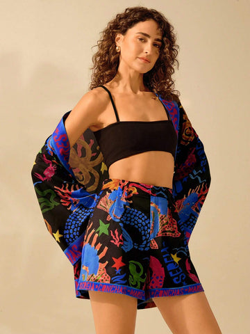 CAJUNI Women's A-Line Casual Black Boho Crab, Seaweed, Octopus, Coral Ocean Print Beach Vacation Wide Leg Super Short Shorts