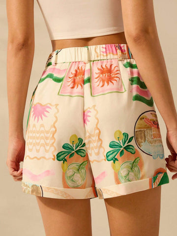 CAJUNI Women's A-Line Summer Boho Tropical Print Casual Beach Resort Loose Shorts