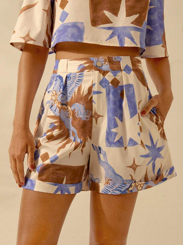 CAJUNI Women's A-Line Summer Casual Boho Horse, Star & Flame Print Beach Vacation Wide Leg Super Shorts