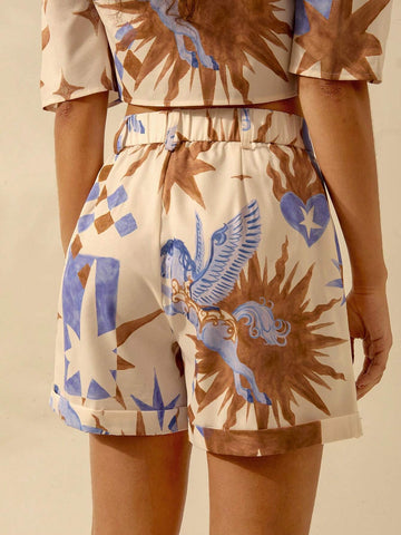 CAJUNI Women's A-Line Summer Casual Boho Horse, Star & Flame Print Beach Vacation Wide Leg Super Shorts