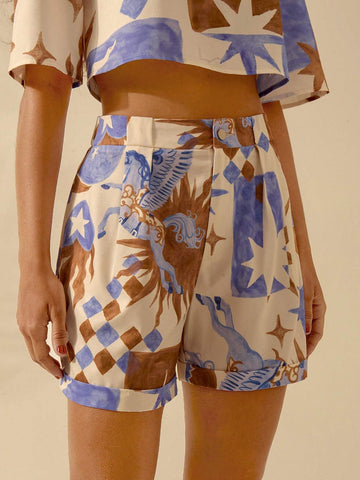 CAJUNI Women's A-Line Summer Casual Boho Horse, Star & Flame Print Beach Vacation Wide Leg Super Shorts