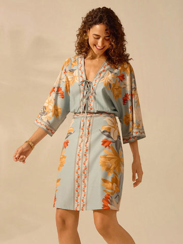 CAJUNI Women's Bohemian Tropical Floral Print Deep V-Neck Tie-Waist Batwing Sleeve Smock Mini Dress, Casual Beach Holiday Dress