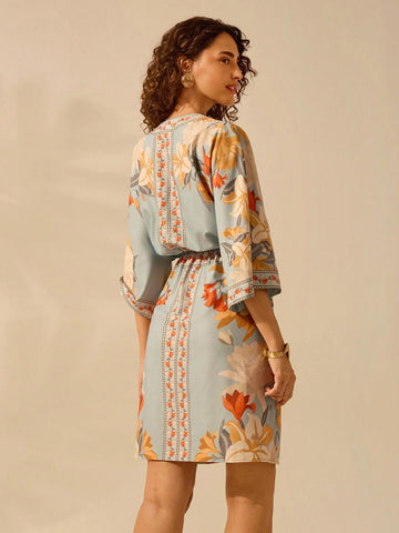 CAJUNI Women's Bohemian Tropical Floral Print Deep V-Neck Tie-Waist Batwing Sleeve Smock Mini Dress, Casual Beach Holiday Dress