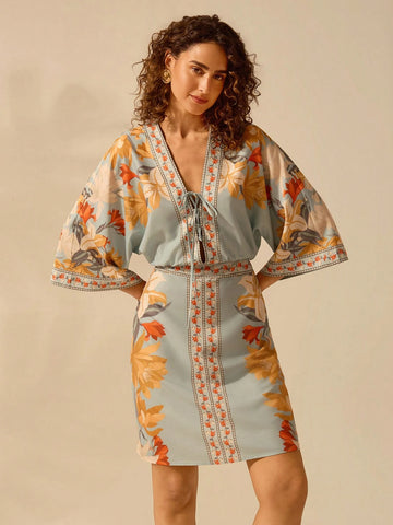 CAJUNI Women's Bohemian Tropical Floral Print Deep V-Neck Tie-Waist Batwing Sleeve Smock Mini Dress, Casual Beach Holiday Dress