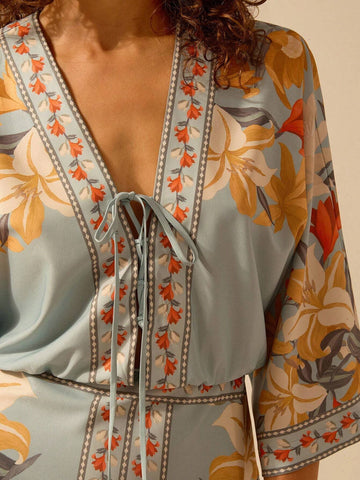 CAJUNI Women's Bohemian Tropical Floral Print Deep V-Neck Tie-Waist Batwing Sleeve Smock Mini Dress, Casual Beach Holiday Dress