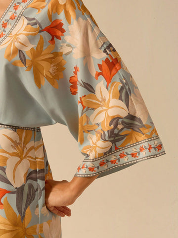 CAJUNI Women's Bohemian Tropical Floral Print Deep V-Neck Tie-Waist Batwing Sleeve Smock Mini Dress, Casual Beach Holiday Dress