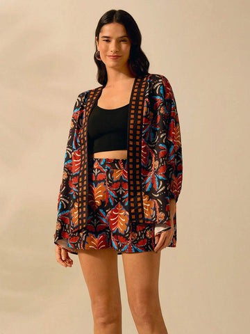 CAJUNI Women's Boho Coconut Tree Tropical Print Black Mini Shorts, Casual Summer Vacation Shorts