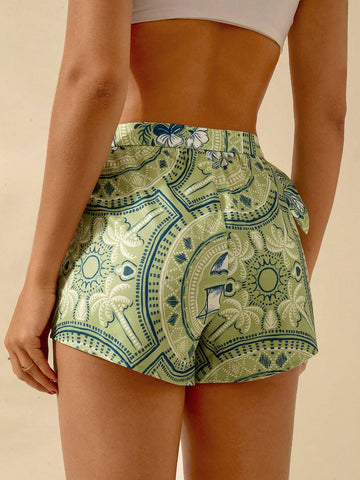 CAJUNI Women's Boho Coconut Tree & Tropical Print Green Casual Beach Shorts, Summer