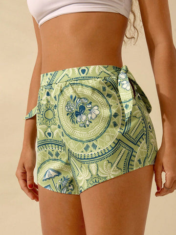 CAJUNI Women's Boho Coconut Tree & Tropical Print Green Casual Beach Shorts, Summer