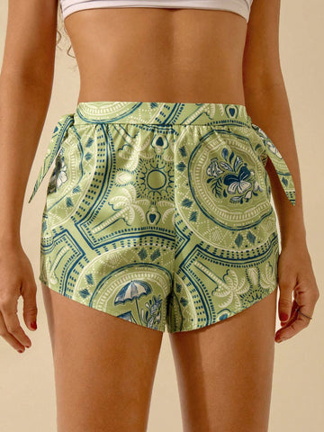 CAJUNI Women's Boho Coconut Tree & Tropical Print Green Casual Beach Shorts, Summer