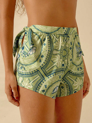 CAJUNI Women's Boho Coconut Tree & Tropical Print Green Casual Beach Shorts, Summer