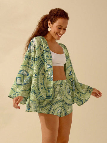 CAJUNI Women's Boho Coconut Tree & Tropical Print Green Casual Beach Shorts, Summer