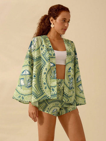 CAJUNI Women's Boho Coconut Tree & Tropical Print Green Casual Beach Shorts, Summer