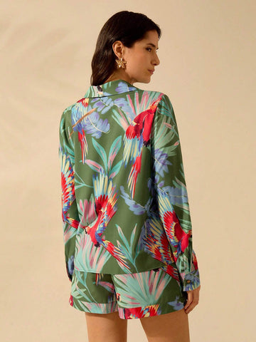 Women's Boho Colored Parrot Print, Green Long-Sleeved Suit Jacket, Summer Casual, Beach Getaway Blouses