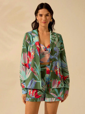 Women's Boho Colored Parrot Print, Green Long-Sleeved Suit Jacket, Summer Casual, Beach Getaway Blouses