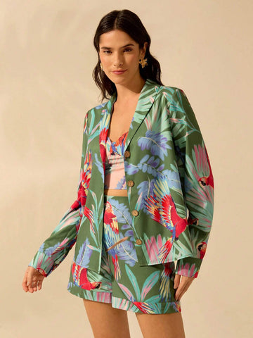 Women's Boho Colored Parrot Print, Green Long-Sleeved Suit Jacket, Summer Casual, Beach Getaway Blouses
