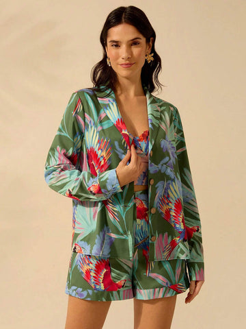 Women's Boho Colored Parrot Print, Green Long-Sleeved Suit Jacket, Summer Casual, Beach Getaway Blouses
