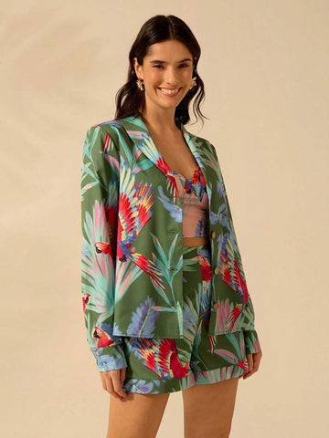 Women's Boho Colored Parrot Print, Green Long-Sleeved Suit Jacket, Summer Casual, Beach Getaway Blouses