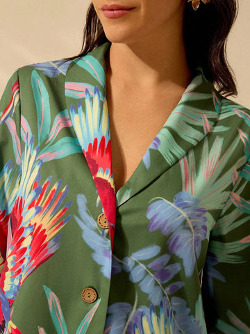 Women's Boho Colored Parrot Print, Green Long-Sleeved Suit Jacket, Summer Casual, Beach Getaway Blouses