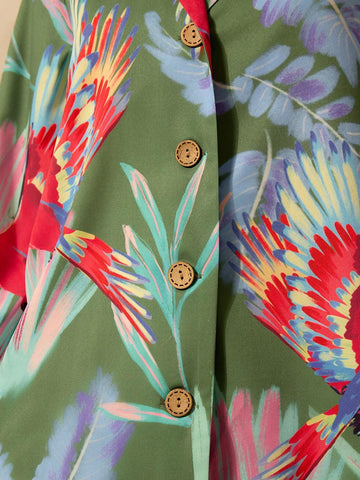 Women's Boho Colored Parrot Print, Green Long-Sleeved Suit Jacket, Summer Casual, Beach Getaway Blouses