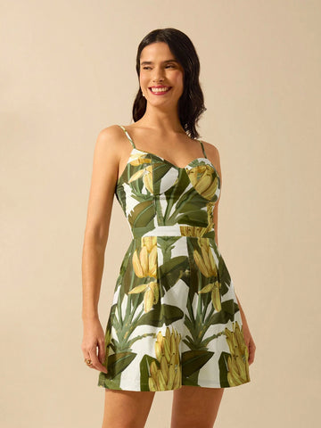 CAJUNI Women's Boho Colorful Banana Tree Print Camisole Jumpsuit, Casual Vacation Romper For Summer