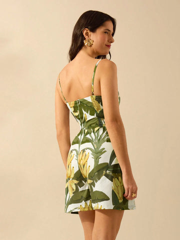 CAJUNI Women's Boho Colorful Banana Tree Print Camisole Jumpsuit, Casual Vacation Romper For Summer