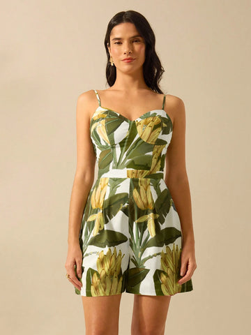 CAJUNI Women's Boho Colorful Banana Tree Print Camisole Jumpsuit, Casual Vacation Romper For Summer