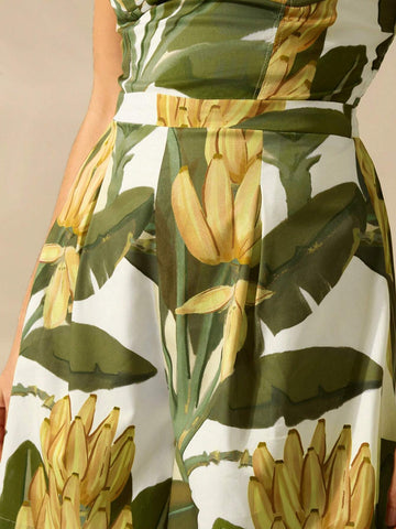 CAJUNI Women's Boho Colorful Banana Tree Print Camisole Jumpsuit, Casual Vacation Romper For Summer