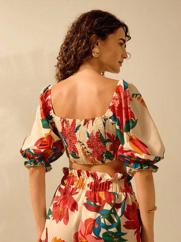 Women's Boho Colorful Tropical Floral Print Puff Sleeve Casual Summer Beach Cropped Shirt
