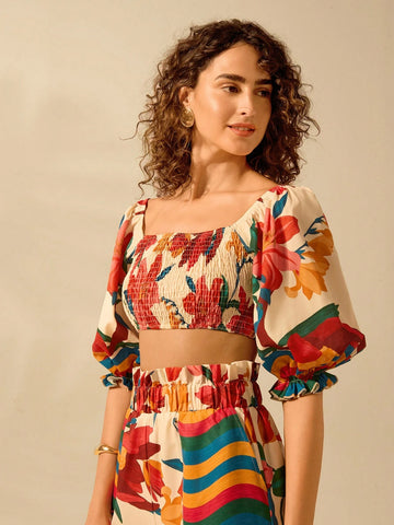 Women's Boho Colorful Tropical Floral Print Puff Sleeve Casual Summer Beach Cropped Shirt