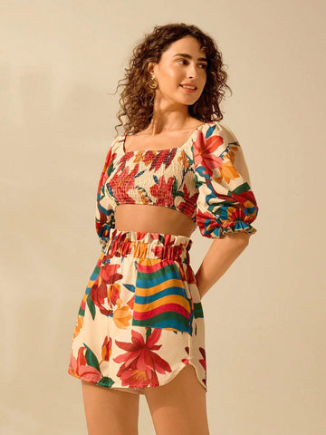 Women's Boho Colorful Tropical Floral Print Puff Sleeve Casual Summer Beach Cropped Shirt