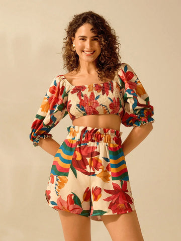 Women's Boho Colorful Tropical Floral Print Puff Sleeve Casual Summer Beach Cropped Shirt