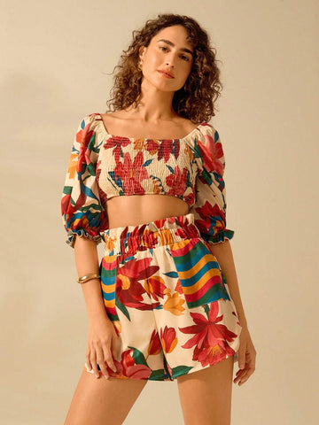 Women's Boho Colorful Tropical Floral Print Puff Sleeve Casual Summer Beach Cropped Shirt