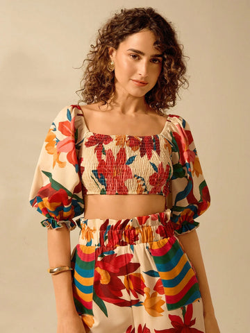 Women's Boho Colorful Tropical Floral Print Puff Sleeve Casual Summer Beach Cropped Shirt