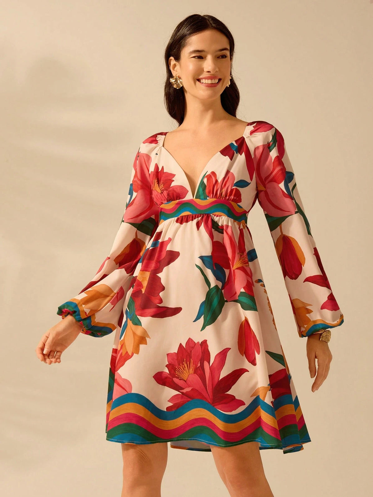 CAJUNI Women's Boho Colorful Tropical Floral Print V-Neck Puff Sleeve Casual Beach Mini Dress