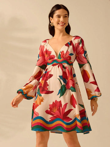 CAJUNI Women's Boho Colorful Tropical Floral Print V-Neck Puff Sleeve Casual Beach Mini Dress